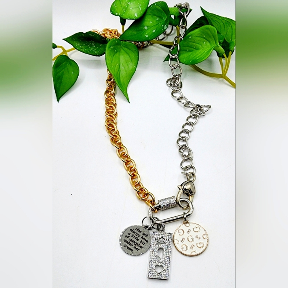 Mixed chain, silver and gold necklace, 26inch, carabiner clasp